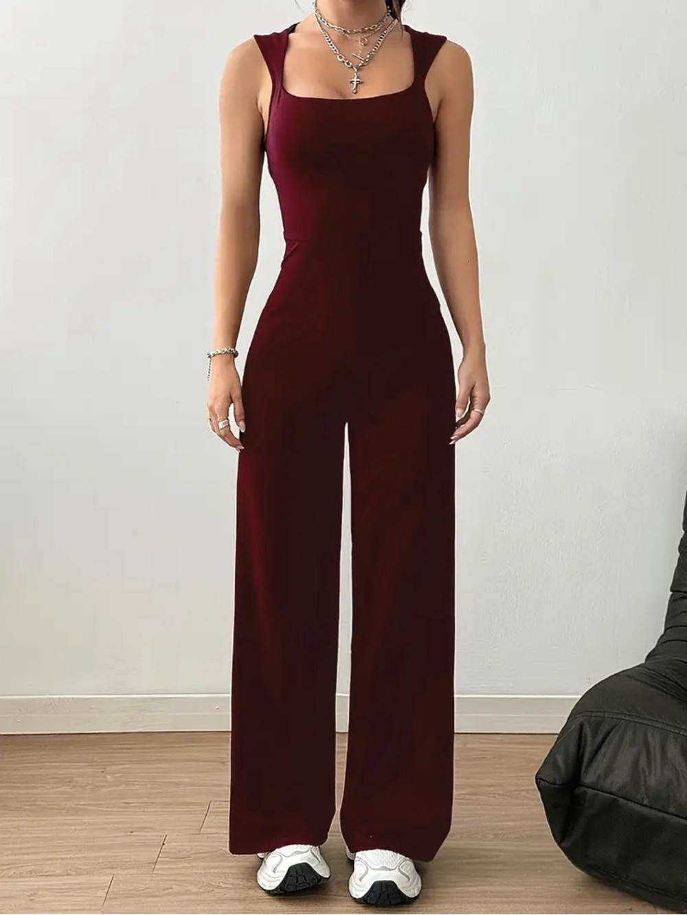 Wide-Leg Sleeveless Jumpsuit in Burgundy